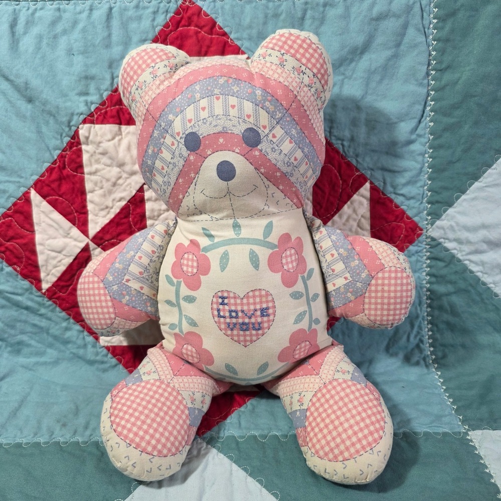 Vintage Handmade Faux Quilted Patchwork Bear Pink Blue Floral I Love You 12"